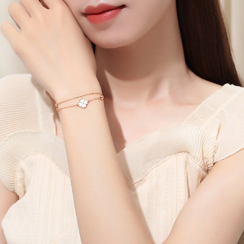 Clover Pearl Double Layer Bracelets (Rose Gold/Silver)