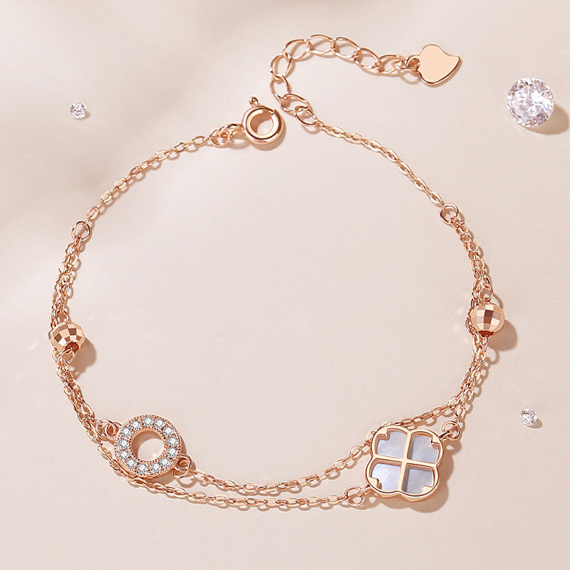 Clover Pearl Double Layer Bracelets (Rose Gold/Silver)