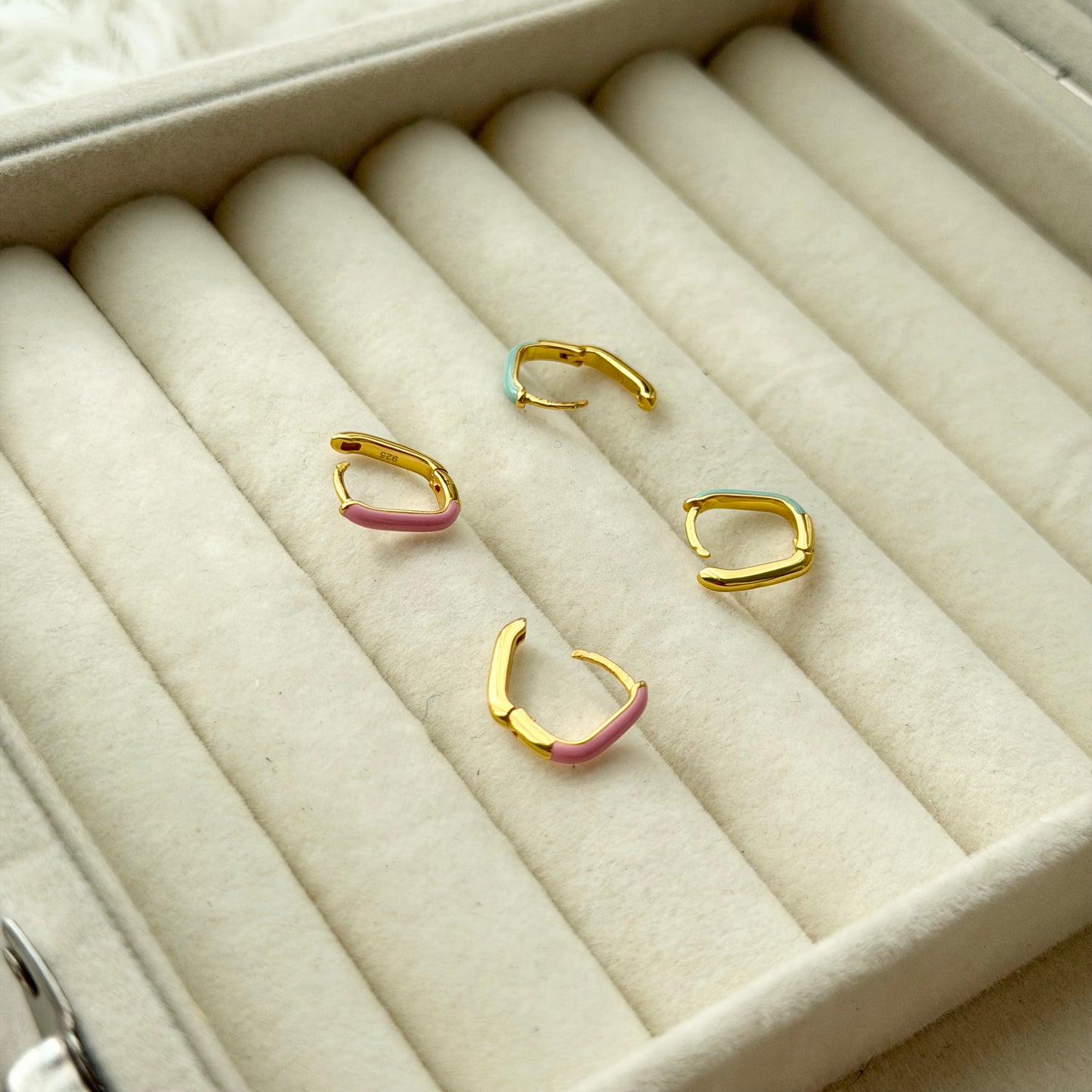 Mini Rectangle Enamel Hoop Earrings (Turquoise/Pink)