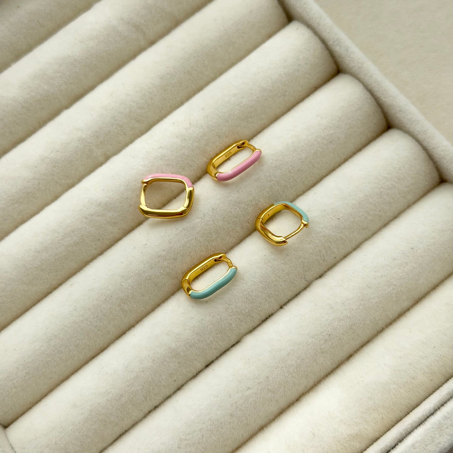 Mini Rectangle Enamel Hoop Earrings (Turquoise/Pink)