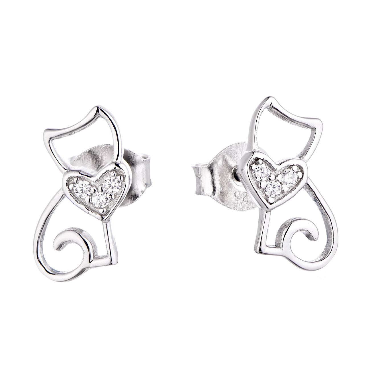 Cute Zirconia Heart Cat Stud Earrings